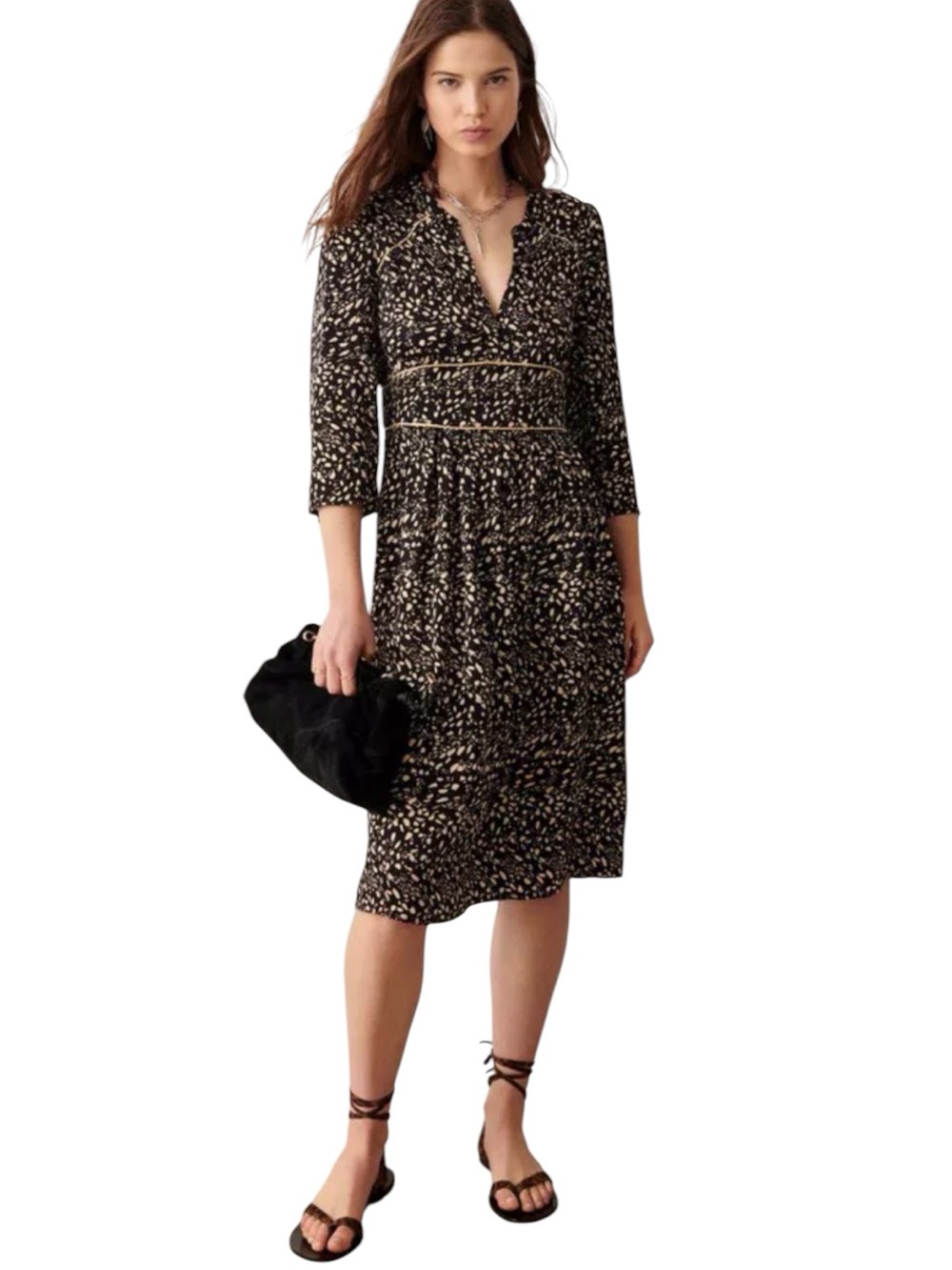 BA&SH Esmee Black & Tan Blouson Midi Length Dress Size 2